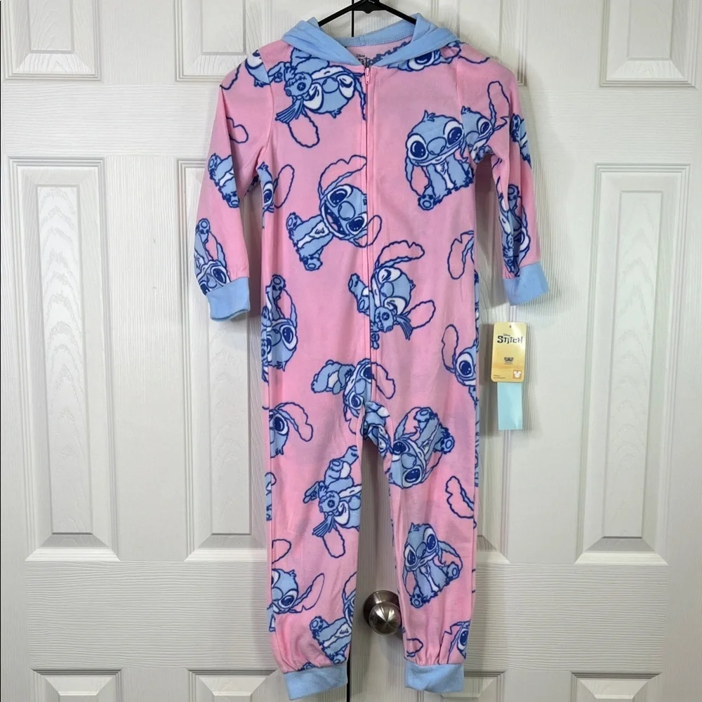 Disney Pink & Blue Lilo & Stitch Hooded Kids One-Piece Footie Size XS